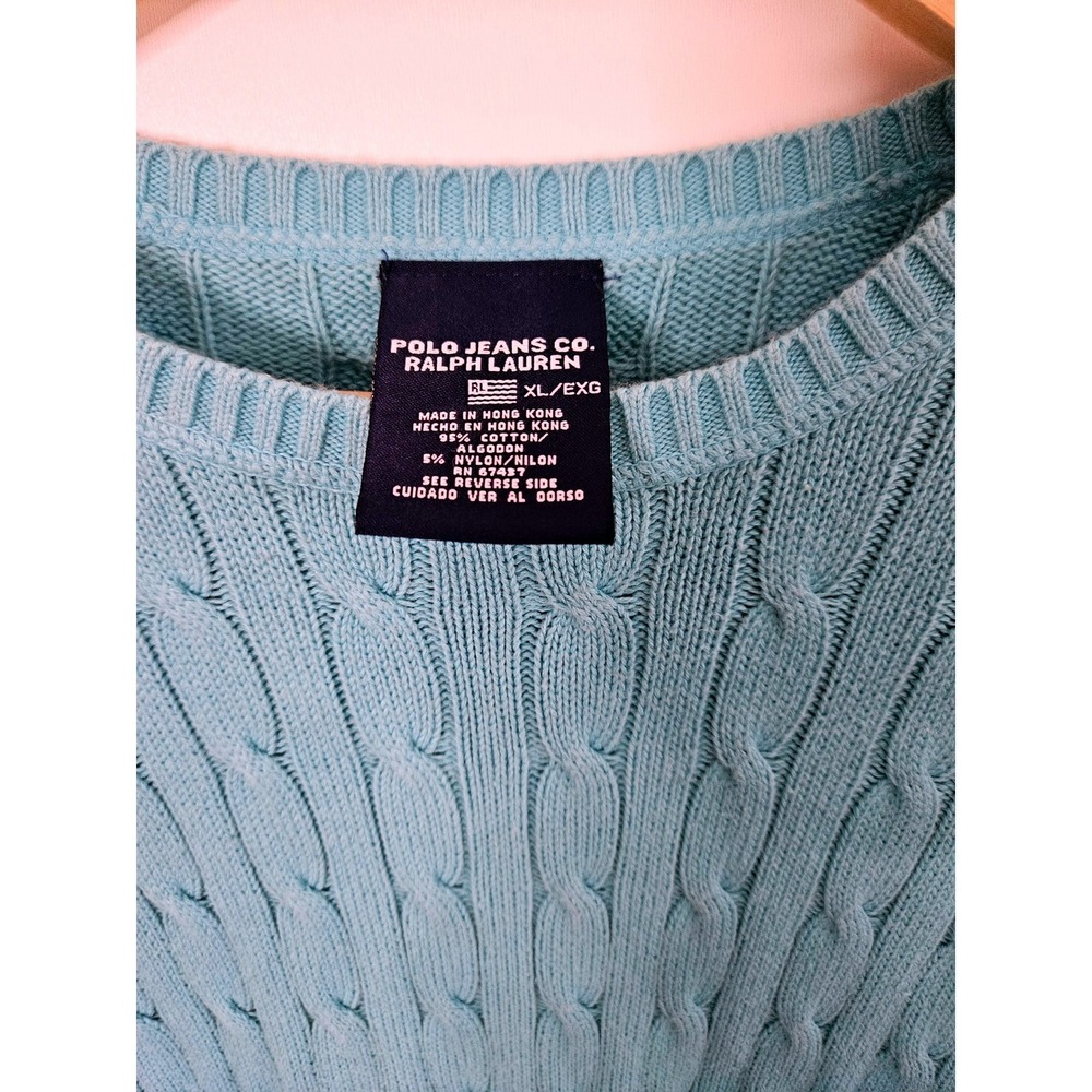 Polo Ralph Lauren Turquoise Cable Knit Sweater XL Blue Cotton Preppy Y2K - Picture 3 of 5